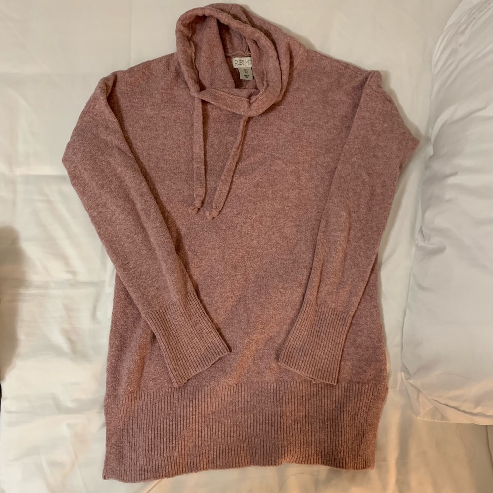 PINK COWL NECK TUNIC SWEATER WITH DRAWSTRINGS